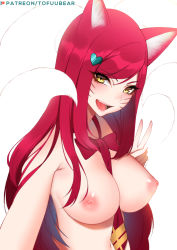Rule 34 | 1girl, academy ahri, ahri (league of legends), alternate hair color, animal ear fluff, animal ears, between breasts, blush, breasts, commentary, commentary request, facial mark, fox ears, fox girl, fox tail, hair ornament, hairclip, heart, heart hair ornament, large breasts, league of legends, long hair, looking at viewer, multiple tails, necktie, necktie between breasts, nipples, open mouth, red hair, simple background, solo, tail, tofuubear, v, whisker markings, white background