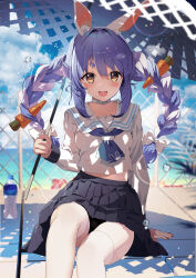 Rule 34 | 1girl, :d, alternate costume, animal ears, beach, black panties, black skirt, blue hair, blue sky, blurry, blurry background, blush, bottle, bow, braid, brown eyes, carrot hair ornament, choker, commentary request, day, food-themed hair ornament, hair bow, hair ornament, haruhina purple, highres, holding, holding umbrella, hololive, long hair, long sleeves, looking at viewer, midriff peek, multicolored hair, neckerchief, open mouth, panties, pantyshot, pleated skirt, rabbit-shaped pupils, rabbit ears, rabbit girl, sailor collar, school uniform, short eyebrows, sitting, skirt, sky, smile, solo, symbol-shaped pupils, thick eyebrows, thighhighs, twin braids, two-tone hair, umbrella, underwear, usada pekora, virtual youtuber, water bottle, white hair, white thighhighs