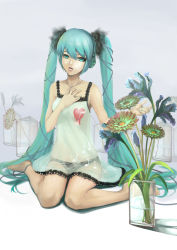 Rule 34 | 1girl, absurdres, aqua eyes, aqua hair, barefoot, camisole, charimei, flower, hair ribbon, hatsune miku, headphones, heart, heart on chest, highres, jewelry, lips, long hair, musical note, necklace, panties, refraction, ribbon, see-through, sitting, solo, twintails, underwear, very long hair, vocaloid, wariza