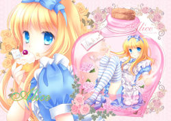 Rule 34 | 1girl, alice (alice in wonderland), alice in wonderland, apron, blonde hair, blue eyes, bottle, bow, character name, cupcake, dress, english text, flower, food, hairband, long hair, mini person, minigirl, miyu (botan), perfume bottle, ribbon, solo, striped clothes, striped thighhighs, thighhighs