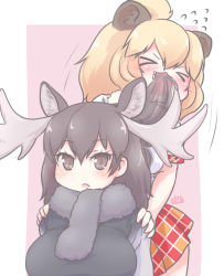 Rule 34 | &gt; &lt;, 2girls, :3, animal ears, antlers, big hair, blonde hair, blush, brown hair, brown scarf, brown sweater, commentary request, eating hair, extra ears, fang, fur collar, hands on another&#039;s shoulders, horns, kemono friends, lion (kemono friends), lion ears, lion girl, lion tail, long hair, long sleeves, moose (kemono friends), moose ears, moose girl, multiple girls, plaid, plaid skirt, plaid trim, pleated skirt, red skirt, scarf, shirt, short sleeves, skirt, sweater, tail, uho (uhoyoshi-o), white shirt