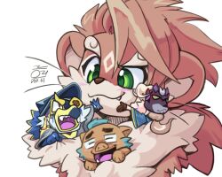 Rule 34 | &gt; &lt;, 4boys, animal ears, aun61, bird boy, blush, boar boy, boar ears, chibi, commentary, english commentary, eyepatch, fang, fang out, furry, furry male, ganglie (housamo), horus (housamo), hug, looking at another, male focus, mask, mask on head, multiple boys, one eye covered, open mouth, otter (housamo), otter boy, otter ears, ponytail, signature, size difference, smile, tokyo houkago summoners, tuaring (housamo), whiskers, white background