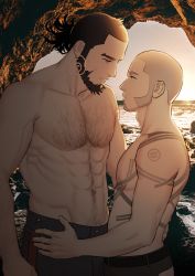 Rule 34 | 2boys, abs, bara, beard, black hair, black pants, blue eyes, buzz cut, cave, chest hair, chest tattoo, couple, earrings, eye contact, face-to-face, facial hair, goatee, golden kamuy, grey hair, hand on another&#039;s waist, hoop earrings, jewelry, kiroranke, large pectorals, long sideburns, looking at another, male focus, multiple boys, muscular, navel, navel hair, nipples, noodle (nnoddlee), pants, pectorals, shiraishi yoshitake, short hair, sideburns, tattoo, topless male, very short hair
