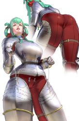 Rule 34 | 1girl, absurdres, armor, ass, ass focus, breastplate, breasts, cuirass, cuisses, gauntlets, green hair, highres, large breasts, looking at viewer, original, red lips, reflection, shoulder armor, slit pupils, wass nonnam, yellow eyes