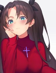 Rule 34 | 1girl, absurdres, aqua eyes, black bow, blush, bow, brown hair, closed mouth, fate/stay night, fate (series), grey background, hair bow, head rest, highres, long hair, long sleeves, mamesuke (mamesuke 01), red sweater, simple background, solo, sweater, tohsaka rin, twintails, upper body, very long hair