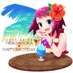 Rule 34 | 1girl, :d, bare shoulders, character name, cup, dated, drinking glass, drinking straw, flower, green eyes, hair flower, hair ornament, happy birthday, heart, ice, looking at viewer, mega man (series), mega man star force, open mouth, pink hair, shizuki airu, short hair, smile, sonia strumm (mega man), swimsuit, upper body