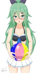 Rule 34 | 10s, 1girl, :d, adapted costume, alternate costume, aqua eyes, ball, beachball, bikini, bikini skirt, bikini top only, blush, breasts, cleavage, collarbone, commentary request, green hair, hair between eyes, hair ornament, hair ribbon, hairclip, holding, kantai collection, linfa (futari midara), long hair, looking at viewer, navel, open mouth, pleated skirt, ribbon, simple background, skirt, smile, solo, swimsuit, white background, yamakaze (kancolle)