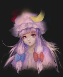 Rule 34 | 1girl, black background, blue bow, bow, closed mouth, crescent, crescent hair ornament, eyelashes, fjsmu, hair bow, hair ornament, hat, head tilt, highres, light purple hair, lips, long hair, looking at viewer, mob cap, patchouli knowledge, portrait, purple eyes, purple hat, red bow, simple background, solo, touhou