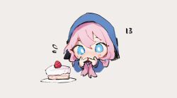 Rule 34 | 1girl, arknights, blue eyes, blue jacket, blue poison (arknights), blush, cake, chibi, commentary, food, hood, hood up, hooded jacket, index fingers together, jacket, long hair, long sleeves, looking at viewer, low twintails, pink hair, ruri (dailybloopy), simple background, solo, twintails, white background