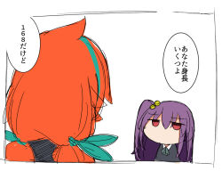Rule 34 | 2girls, amano tora, chibi, hair bobbles, hair ornament, hairband, jitome, kazenoko, long hair, looking at another, low twintails, multiple girls, one side up, orange hair, original, over shoulder, purple hair, red eyes, sketch, speech bubble, translated, twintails