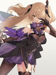 Rule 34 | 1girl, bare shoulders, blonde hair, blush, bodystocking, bow, breasts, eyepatch, fischl (genshin impact), garter straps, genshin impact, gloves, green eyes, hair over one eye, highres, long hair, looking at viewer, purple bow, purple neckwear, single glove, single leg pantyhose, single thighhigh, sino42, small breasts, solo, thighhighs, thighs, two side up