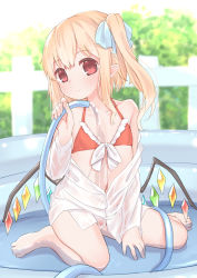Rule 34 | 1girl, bare legs, bare shoulders, barefoot, bikini, blonde hair, blue bow, bow, closed mouth, day, flandre scarlet, flat chest, full body, hair bow, highres, hose, light smile, long hair, looking at viewer, navel, one side up, outdoors, pointy ears, red bikini, red eyes, sakurea, shirt, sidelocks, sitting, solo, swimsuit, touhou, wet, wet clothes, wet shirt, white shirt, wings