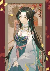 Rule 34 | absurdres, architecture, black hair, chinese clothes, cowboy shot, crossed arms, east asian architecture, facial mark, forehead mark, genderswap, genderswap (mtf), genshin impact, green hair, hanfu, highres, jewelry, long hair, looking at viewer, multicolored hair, parted bangs, solo, xiao (genshin impact), yellow eyes