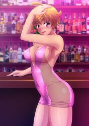 Rule 34 | 1girl, absurdres, ahoge, alcohol, bar (place), blush, bottle, breasts, brown hair, cleavage, dress, hair tubes, hand on own head, highres, large breasts, looking at viewer, narumi tanaka, open mouth, pink dress, red eyes, short dress, short hair, sleeveless, sleeveless dress, smile, standing, teeth, yukino memories, zel-sama