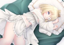 Rule 34 | 1girl, :o, azur lane, bare shoulders, bed, bed sheet, blonde hair, bloomers, blush, breasts, camisole, crop top, crown, dress, eyepatch, feet out of frame, flower, flower eyepatch, flower over eye, frilled pillow, frilled shirt, frilled skirt, frills, from above, hair between eyes, hair ornament, hands up, highres, jacket, le terrible (azur lane), le terrible (silence slumber and solace) (azur lane), long sleeves, looking at viewer, lying, medium hair, midriff, mini crown, mole, mole under eye, navel, nightgown, off shoulder, on bed, on side, one eye covered, open clothes, open mouth, parted lips, pillow, purple eyes, robe, shirt, skirt, small breasts, solo, stomach, thighs, underwear, vldjm13, white bloomers, white camisole, white dress, white flower, white jacket, white robe, white shirt, white skirt, wide sleeves