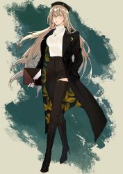 Rule 34 | 1girl, alternate costume, aupt31, bismarck (kancolle), black coat, black footwear, black hat, blonde hair, blue eyes, boots, breasts, closed mouth, coat, commentary, commission, crossed legs, english commentary, full body, hat, high heel boots, high heels, holding, jewelry, kantai collection, long hair, long sleeves, looking at viewer, medium breasts, necklace, open clothes, open coat, pants, ribbed sweater, simple background, skeb commission, solo, standing, sweater, torn clothes, turtleneck, turtleneck sweater, very long hair, watson cross, white sweater