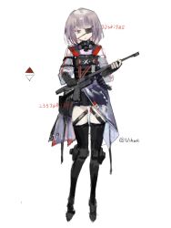 Rule 34 | 1girl, black footwear, black gloves, black skirt, black thighhighs, boots, chinese commentary, closed mouth, commentary request, expressionless, eyepatch, full body, gloves, grey hair, gun, highres, holding, holding gun, holding weapon, long sleeves, miniskirt, original, pink eyes, short hair, simple background, skirt, solo, thighhighs, vihua6, weapon, white background