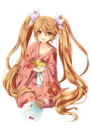 Rule 34 | 1girl, absurdres, artist request, brown eyes, brown hair, bucket, carrying, hand fan, floral print, highres, holding, japanese clothes, kimono, long hair, long sleeves, matching hair/eyes, open mouth, pink kimono, round teeth, rubber duck, simple background, solo, teeth, the last summoner, twintails, very long hair, white background, yukata