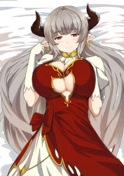 Rule 34 | 10s, 1girl, alicia (granblue fantasy), ankh, blunt bangs, blush, breasts, cleavage, cleavage cutout, closed mouth, clothing cutout, cross, cross earrings, draph, dress, earrings, elbow gloves, eyebrows, gloves, granblue fantasy, hand on breast, hand on own ear, hands up, highres, horns, jewelry, large breasts, long hair, looking at viewer, lying, on back, on bed, pen (pen3), pointy ears, puffy short sleeves, puffy sleeves, red dress, red eyes, short sleeves, sidelocks, silver hair, smile, solo, underboob, underboob cutout, white gloves