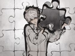 Rule 34 | 1boy, baggy clothes, collared shirt, death note, grey eyes, highres, holding, jigsaw puzzle, long sleeves, male focus, mvrl, near (death note), puzzle, puzzle piece, shirt, short hair, solo, white background, white hair