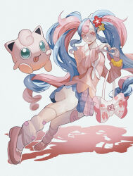 Rule 34 | 1girl, :p, aqua eyes, bag, creatures (company), fairy miku (project voltage), game freak, gen 1 pokemon, handbag, hatsune miku, heart, heart hands, highres, holding, holding bag, jigglypuff, lips, long hair, multicolored hair, nintendo, pink footwear, pokemon, project voltage, reo (mmocc123), shadow, shirt, shoes, skirt, smile, tongue, tongue out, two-tone hair, very long hair, vocaloid, white background