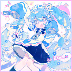 Rule 34 | 1girl, apron, arm up, black bow, black bowtie, black skirt, black socks, blue border, blue eyes, blue hair, border, bow, bowtie, chinese commentary, circle, commentary request, commission, commissioner name, confetti, cowboy shot, drill hair, english text, eyelashes, fanqiealxe, floral print, flower, flower brooch, frilled skirt, frilled socks, frills, gradient border, hair between eyes, hair ribbon, hatsune miku, highres, kneehighs, light blush, long hair, long sleeves, miniskirt, multicolored ribbon, notice lines, open mouth, outline, pink border, pink outline, pleated skirt, pocket, rabbit, ribbon, shirt, simple background, skirt, sleeves past fingers, sleeves past wrists, smile, socks, solo, sparkle, star (symbol), star in eye, symbol in eye, twintails, very long hair, vocaloid, watermark, weibo logo, weibo username, white apron, white background, white flower, white headdress, white shirt
