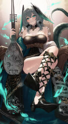 Rule 34 | 1girl, aqua eyes, arknights, bare shoulders, black choker, black dress, black footwear, breasts, choker, cleavage, commentary, dress, grey hair, grin, head tilt, head wings, high heels, highres, ho&#039;olheyak (arknights), ho&#039;olheyak (carriage of the winds of time) (arknights), holding, holding instrument, instrument, large breasts, looking at viewer, medium hair, off shoulder, official alternate costume, smile, snake tail, solo, strapless, strapless dress, tail, thighs, wings, zayur