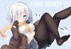Rule 34 | 10s, 1girl, black gloves, blue background, blue skirt, blush, breasts, brown jacket, feet, gloves, hair ornament, hair over one eye, hairclip, hamakaze (kancolle), highres, jacket, kantai collection, large breasts, long sleeves, looking at viewer, midriff, navel, no shoes, outline, pantyhose, scarf, short hair, silver hair, skirt, snowman, solo, thighband pantyhose, tomoo (tomo), underbust, white outline, yellow scarf