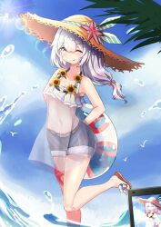 Rule 34 | 1girl, ;p, beach, belt, blue eyes, blue sky, cellphone, closed mouth, cloud, cloudy sky, denim, denim shorts, flower, hat, holding, holding swim ring, honkai (series), honkai impact 3rd, innertube, leg up, linlingling, long hair, looking at viewer, navel, one eye closed, outdoors, phone, sandals, see-through, shorts, sky, smile, solo, starfish, stomach, straw hat, summer, sunflower, swim ring, theresa apocalypse, theresa apocalypse (valkyrie pledge), tongue, tongue out, water, white hair