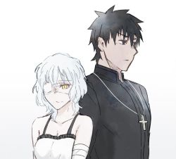 Rule 34 | 1boy, 1girl, aged down, bandage over one eye, bandaged arm, bandages, bare shoulders, black eyes, black hair, claudia hortensia, commentary request, cross, cross necklace, fate/stay night, fate (series), highres, jewelry, kotomine kirei, necklace, simple background, upper body, white background, white hair, yamano udumi, yellow eyes