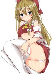 Rule 34 | 1girl, ascot, blonde hair, blue eyes, blush, bow, braid, closed mouth, commentary request, cosplay, detached sleeves, golgi hon, hair between eyes, hair bow, hakurei reimu, hakurei reimu (cosplay), hand on own thigh, highres, kirisame marisa, long hair, microskirt, midriff, panties, red bow, ribbon-trimmed sleeves, ribbon trim, side braid, simple background, single braid, skirt, solo, thighhighs, touhou, underwear, white background, white bow, white panties, white thighhighs, wide sleeves