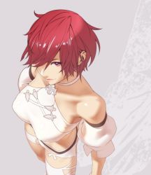 Rule 34 | 10s, 1girl, bare shoulders, breasts, commentary request, detached sleeves, final fantasy, final fantasy xiv, from above, hair over one eye, halterneck, hyur, large breasts, lips, puffy sleeves, red eyes, red hair, short hair, solo, thighhighs, tomoyuki kotani, warrior of light (ff14)