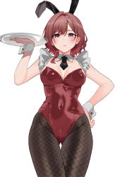 Rule 34 | 1girl, absurdres, animal ears, black necktie, black pantyhose, blush, breasts, breasts apart, brown hair, covered navel, detached collar, fake animal ears, fishnet pantyhose, fishnets, hair ornament, hairclip, hand on own hip, highres, higuchi madoka, holding, holding tray, idolmaster, idolmaster shiny colors, leotard, looking at viewer, medium breasts, mole, mole under eye, necktie, nonbire, pantyhose, playboy bunny, purple eyes, rabbit ears, red leotard, short hair, solo, tray, white background, wrist cuffs