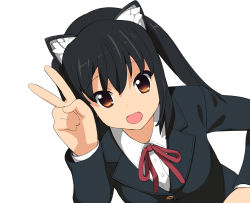 Rule 34 | 1girl, :d, a1 (initial-g), animal ears, black hair, blazer, brown eyes, cat ears, highres, jacket, k-on!, nakano azusa, open mouth, school uniform, simple background, smile, solo, twintails, upper body, v
