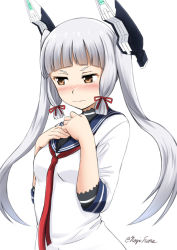 Rule 34 | 10s, 1girl, 3:, alternate hairstyle, blunt bangs, blush, bow, brown eyes, dress, embarrassed, fuuma nagi, hair bow, hair ribbon, headgear, kantai collection, long hair, murakumo (kancolle), necktie, red necktie, ribbon, sailor dress, short eyebrows, silver hair, solo, tress ribbon, twintails, twintails day, twitter username, white background