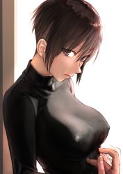 Rule 34 | 1girl, backlighting, breasts, brown eyes, brown hair, covered erect nipples, from above, highres, kilye kairi, large breasts, lips, looking at viewer, looking to the side, no bra, original, skin tight, solo, turtleneck