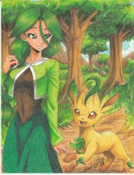 Rule 34 | 1girl, 2018, absurdres, artist name, braid, braided ponytail, breasts, brown shirt, bush, cheryl (pokemon), closed mouth, collarbone, covered navel, cowboy shot, creatures (company), forest, game freak, gen 4 pokemon, grass, green eyes, green hair, green jacket, green skirt, highres, holding, holding poke ball, jacket, large breasts, leaf, leafeon, long hair, long skirt, long sleeves, looking at another, mountainous horizon, nature, nintendo, poke ball, pokemon, pokemon (creature), pokemon dppt, ravernclouk design, shirt, skirt, standing, tail, traditional media, tree, yellow eyes, yellow fur