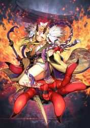 Rule 34 | 1girl, animal print, bandages, barefoot, beads, black nails, blonde hair, body markings, character name, closed mouth, colored skin, english text, facial mark, fate/grand order, fate (series), feet, fingernails, fingerprint, fire, frown, giant hand, gradient horns, highres, holding, holding polearm, holding spear, holding weapon, horns, ibaraki douji (fate), japanese clothes, long sleeves, mandrill, medium hair, multicolored horns, nail polish, polearm, prayer beads, red skin, rock, sash, sharp fingernails, sitting, skirt, slit pupils, solo, spear, third eye, tiger print, torii, weapon