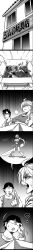 Rule 34 | 1girl, 2boys, absurdres, angry, comic, dolls, glasses, greyscale, highres, indoors, long image, monochrome, multiple boys, ryuusei (mark ii), shop, silent comic, tall image, the ring
