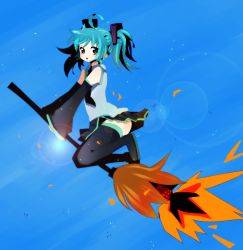 Rule 34 | 1girl, absurdres, aqua eyes, aqua hair, bad deviantart id, bad id, boots, broom, detached sleeves, flying, hatsune miku, highres, kermakala, lens flare, necktie, open mouth, simple background, skirt, solo, thighhighs, twintails, vocaloid