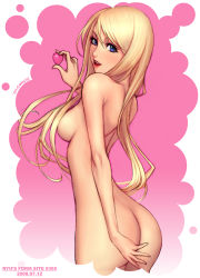 Rule 34 | 1girl, ass, back, blonde hair, blue eyes, breasts, cowboy shot, dated, heart, lipstick, long hair, looking back, makeup, nude, original, pink background, pink theme, pinup (style), ryu (ryu&#039;s form site), simple background, skinny, slender, solo, white background