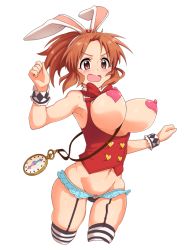 Rule 34 | 10s, 1girl, abe nana, animal ears, bad id, bad pixiv id, bare shoulders, black panties, blush, bouncing breasts, breastless clothes, breasts, breasts out, brown eyes, brown hair, buttons, cleavage, clock, covered erect nipples, double-breasted, fake animal ears, flying sweatdrops, framed breasts, garter straps, groin, heart pasties, huge breasts, idolmaster, idolmaster cinderella girls, long hair, mars symbol, microskirt, nash (na-si), navel, open mouth, panties, pasties, pocket watch, ponytail, rabbit ears, simple background, skirt, solo, striped clothes, striped thighhighs, thighhighs, underwear, venus symbol, watch, white background, wrist cuffs