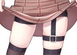 Rule 34 | 1girl, black shorts, brown skirt, close-up, clothes lift, commentary, contrapposto, english commentary, garter straps, highres, hololive, hololive english, kiirokuma, lifting own clothes, plaid, plaid skirt, shorts, shorts under skirt, skirt, skirt lift, solo, thigh gap, virtual youtuber, watson amelia