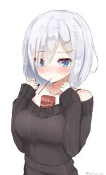Rule 34 | 10s, 1girl, bare shoulders, between breasts, black sweater, blue bra, blue eyes, blush, bra, breasts, collarbone, eyebrows, food, hair ornament, hairclip, hamakaze (kancolle), highres, kantai collection, large breasts, long sleeves, looking at viewer, pinoaisu, pocky, ribbed sweater, short hair, silver hair, simple background, sleeves past wrists, solo, sweater, twitter username, underwear, upper body, white background