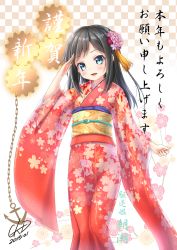 Rule 34 | 10s, 1girl, :d, alternate costume, aqua eyes, asashio (kancolle), black hair, blush, gotou hisashi, hair ornament, highres, japanese clothes, kantai collection, kimono, long hair, looking at viewer, new year, open mouth, salute, smile, solo, translation request