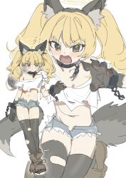 Rule 34 | 1girl, alternate costume, animal ear hairband, animal ears, animal hands, black thighhighs, blonde hair, blue archive, blush, brown eyes, cuffs, denim, denim shorts, fake animal ears, fake tail, fangs, gao, gloves, hairband, halloween costume, halo, highres, long hair, looking at viewer, midriff, multiple views, navel, nemo (leafnight), open mouth, paw gloves, shirt, short shorts, shorts, tail, thighhighs, torn clothes, torn shirt, torn thighhighs, twintails, white background, yellow halo, yoshimi (blue archive)