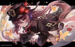 Rule 34 | 1girl, black nails, black shorts, breasts, brooch, brown hair, chinese clothes, coat, coattails, collared coat, collared shirt, colored tips, flower, flower-shaped pupils, genshin impact, ghost, ghost pose, hat, hat flower, hat ornament, highres, hu tao (genshin impact), jewelry, multicolored hair, multiple rings, nail polish, plum blossoms, porkpie hat, qi2341, red eyes, red shirt, ring, shirt, shorts, solo, symbol-shaped pupils, tailcoat, tassel, thumb ring, twintails