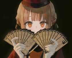 Rule 34 | 1girl, bad id, bad pixiv id, black background, brown hair, closed mouth, commentary, es-ther, gloves, hands up, highres, holding, looking at viewer, orange eyes, original, red headwear, red shirt, shirt, simple background, smile, solo, ticket, upper body, white gloves