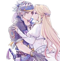 Rule 34 | 1boy, 1girl, bandana, black gloves, black jacket, blonde hair, blue eyes, breasts, celes chere, closed mouth, collarbone, commentary request, couple, dagger, dress, earrings, eye contact, final fantasy, final fantasy brave exvius, final fantasy vi, gloves, grey hair, hair ornament, hand on another&#039;s hip, head scarf, high collar, highres, jacket, jewelry, juliet sleeves, knife, locke cole, long hair, long sleeves, looking at another, medium breasts, necklace, pan ff6, parted bangs, popped collar, profile, puffy long sleeves, puffy sleeves, short hair, sidelocks, smile, weapon, weapon on back, white background, white dress, yellow eyes