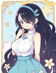 Rule 34 | alternate costume, bare arms, bare shoulders, black hair, blue archive, breasts, brooch, closed mouth, commentary, dangle earrings, earrings, flower, flower brooch, flower earrings, hair over one eye, halo, high-waist skirt, hinata (blue archive), jewelry, large breasts, light blue dress, long hair, onyhakase, red eyes, ribbed sweater, skirt, sleeveless, sleeveless sweater, smile, sweater, swept bangs, turtleneck, turtleneck sweater, upper body, very long hair, wavy hair, white sweater